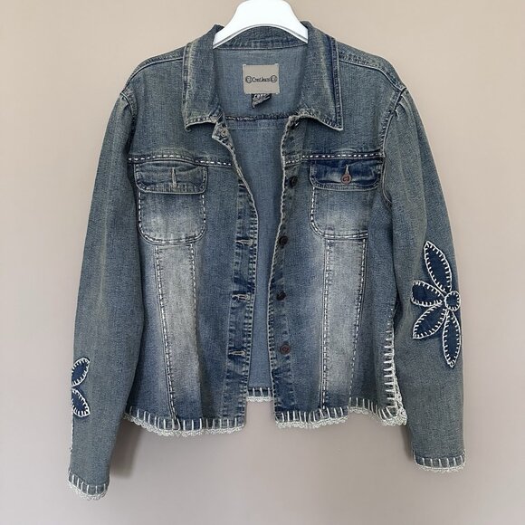 Y2K 90s VTG Demin Jacket Women 1X Crochet Embroidered Hippie Crest Jeans Western - Picture 10 of 13